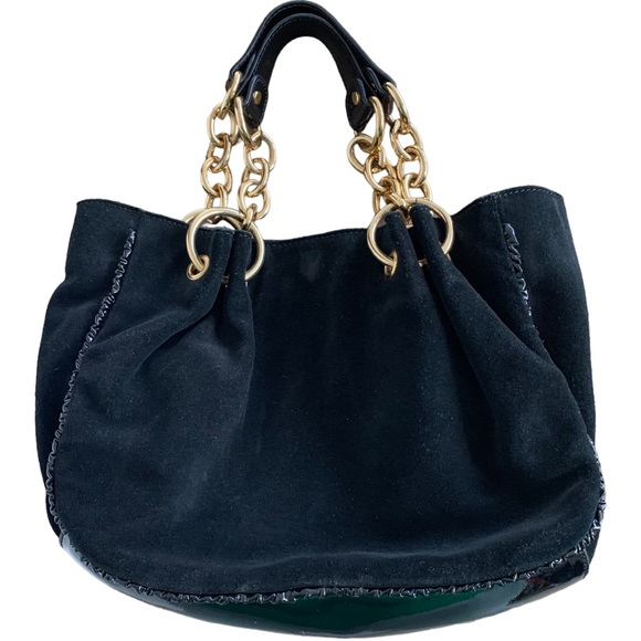 BCBGMAXAZRIA Black Suede Handbag Patent Leather & Gold Tone Chain Handle - Picture 2 of 13